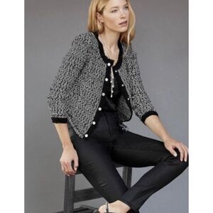 NWT White House Black Market Iconic Sweater Jacket Black White Tan, $130